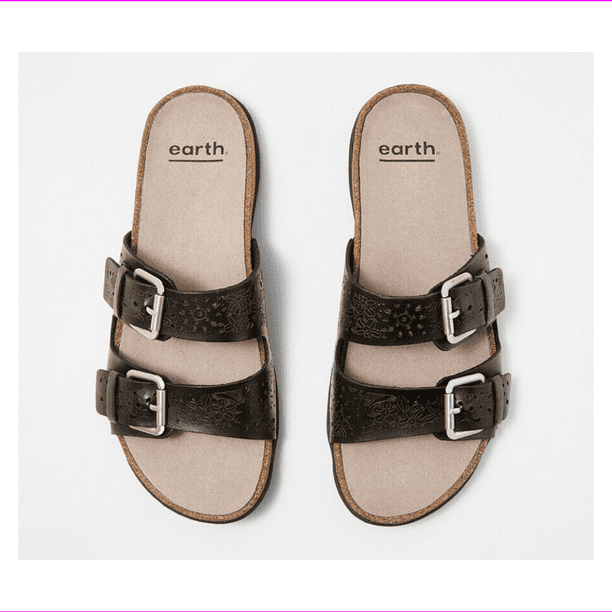 Details about  / Earth Black Perforated Leather Sand Antigua Slide Sandals NEW